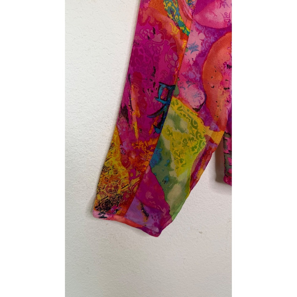 Chico's Women Medium 100% Silk Shirt Sheer Pink Multicolor Art To Wear Top - Picture 7 of 15